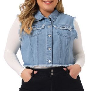 Plus Size Denim Crop Vest Buttoned Washed Sleeveless Jean Jackets Light Blue